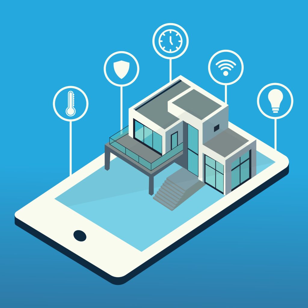 alt="House integrated with smart devices and advanced home automation systems"