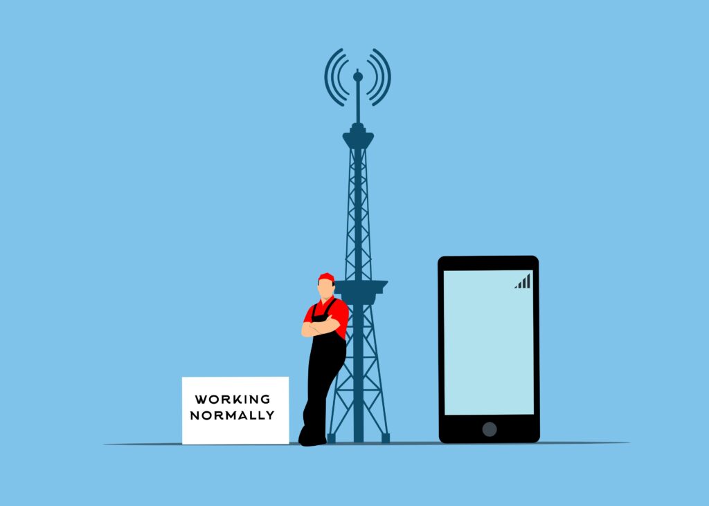 alt="Technician inspecting communication tower to ensure network stability"