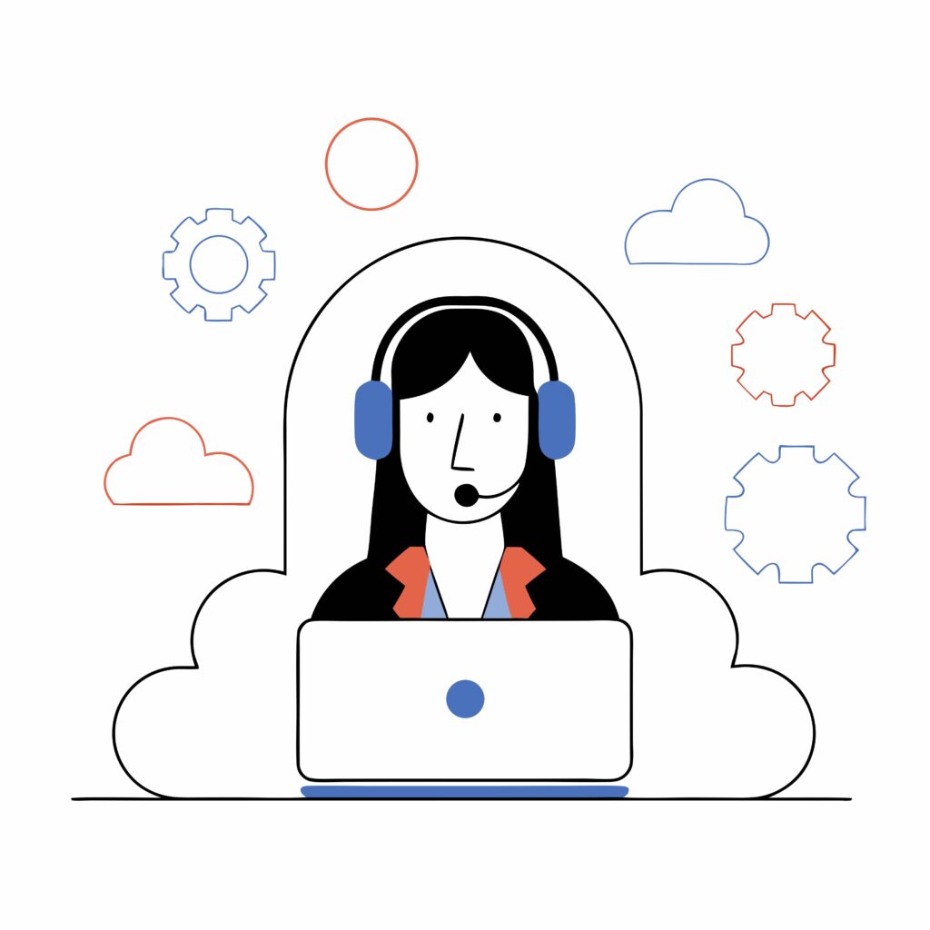 alt="Call center operator wearing headphones answering a call"