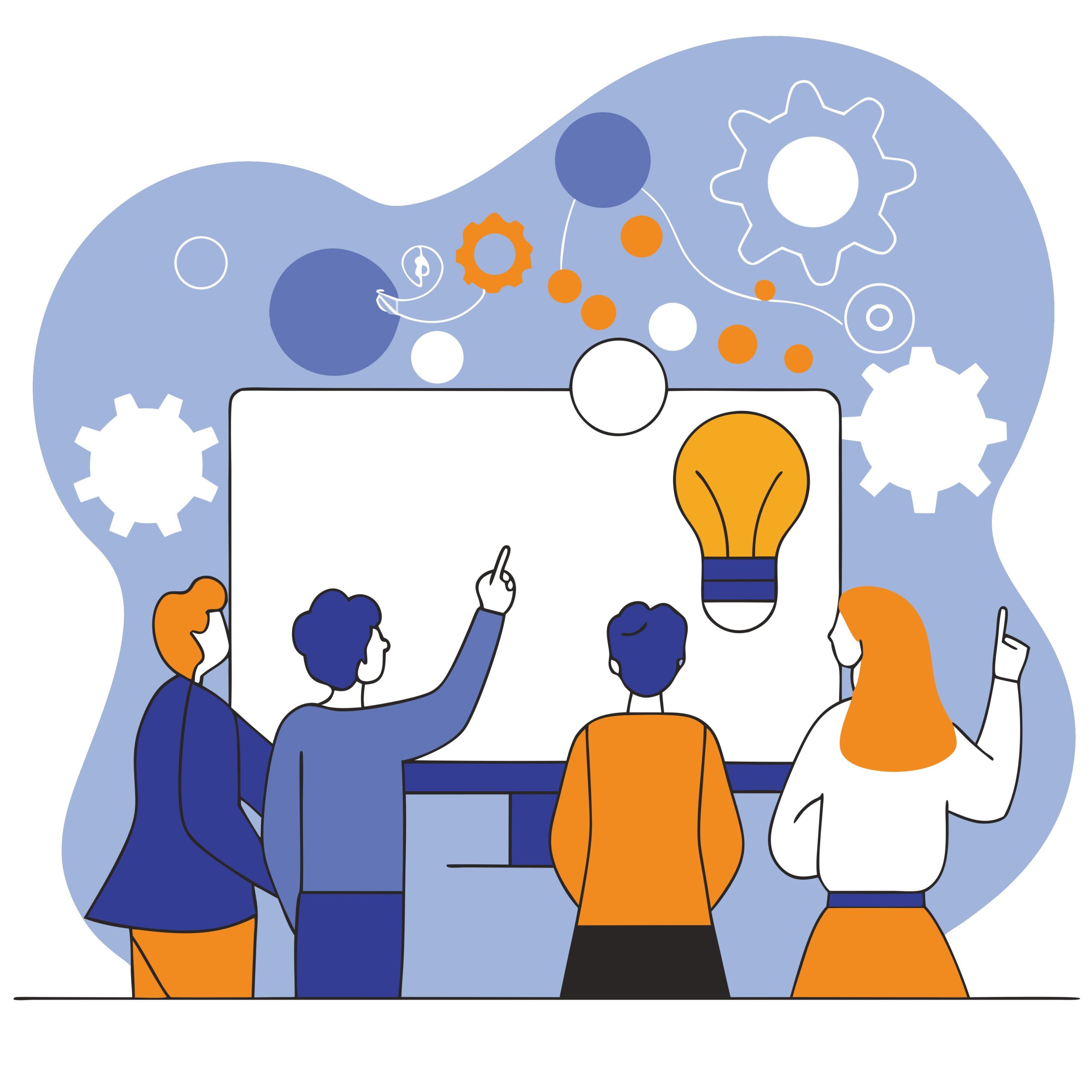 alt="Team of experts analyzing a board, with gears and mechanisms symbolizing interconnected solutions"
